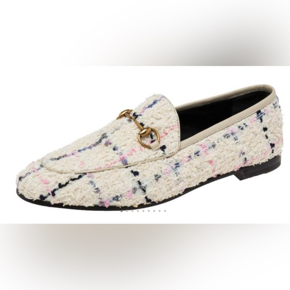 GUCCI bone, pink and blue tweed loafers 36.5